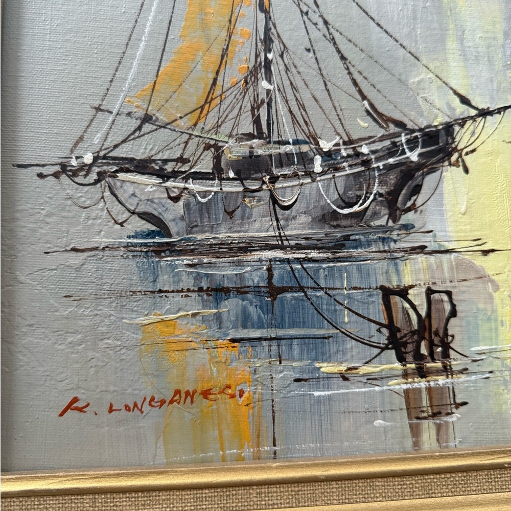 Vintage MCM signed framed Renato Longanesi boat painting - Picture 5 of 10
